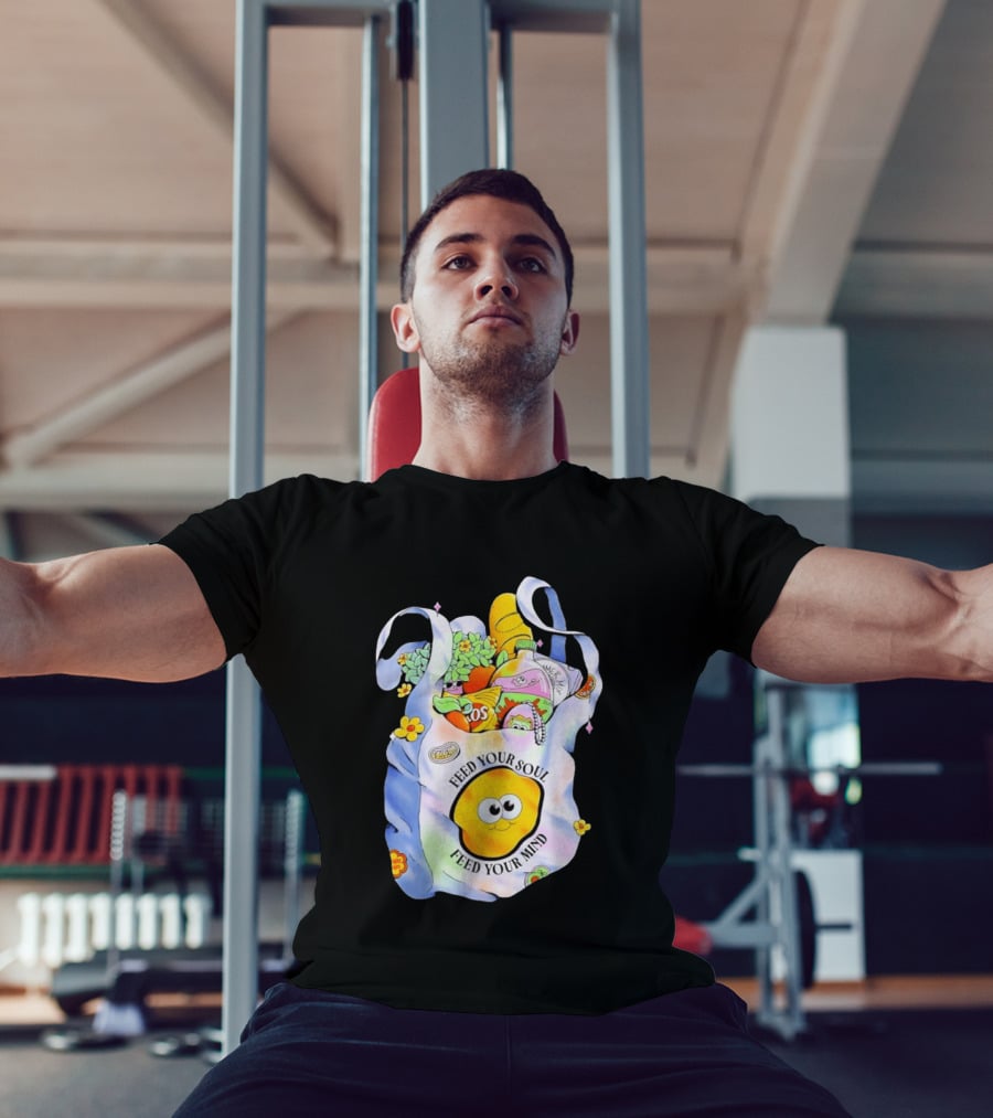 Feed Your Soul Feed Your Mind Bag With Groceries And Cartoon Face T-Shirt