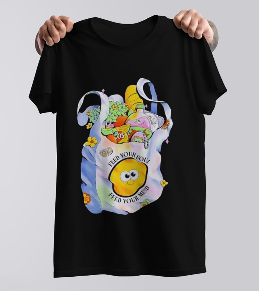 Feed Your Soul Feed Your Mind Bag With Groceries And Cartoon Face T-Shirt