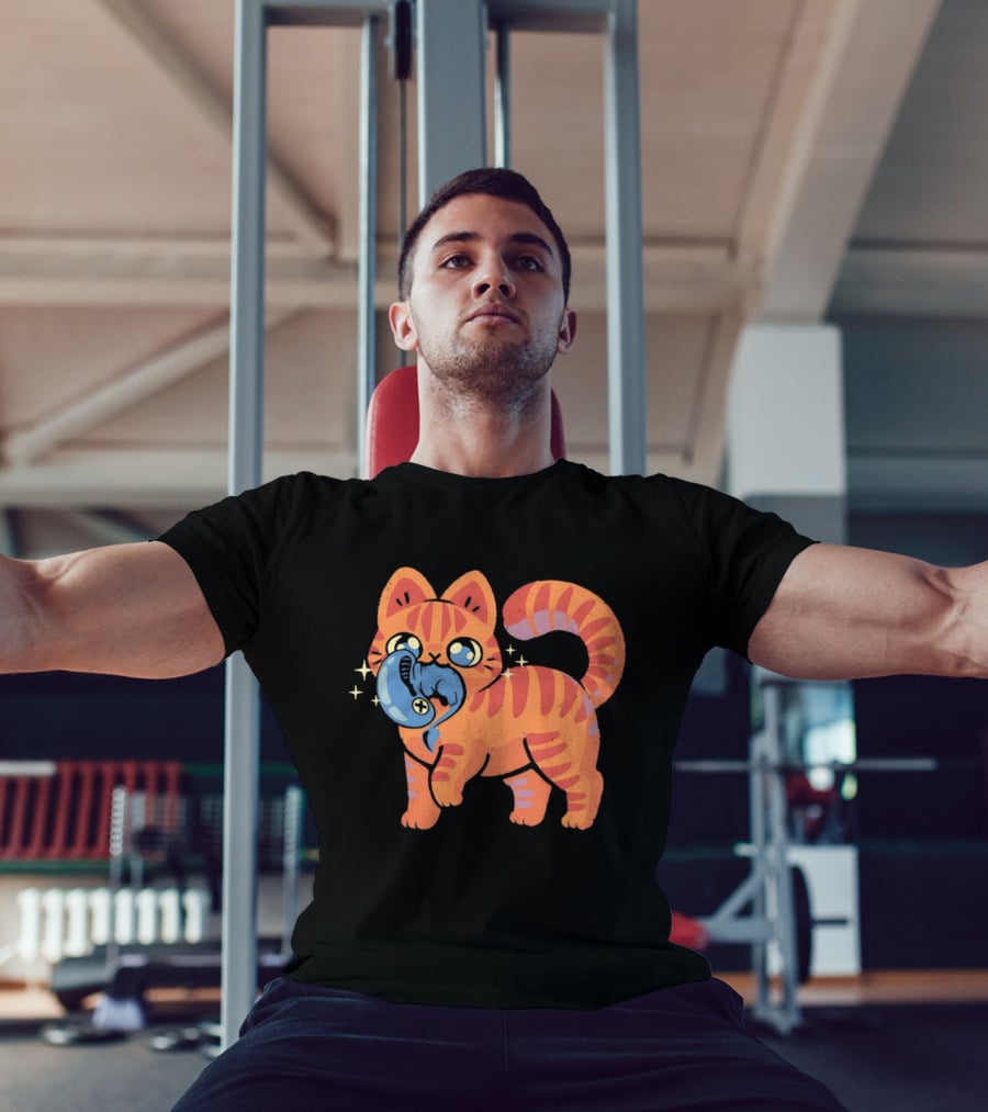 Orange Tabby Cat With Sparkles And Blue Alien Creature T-Shirt