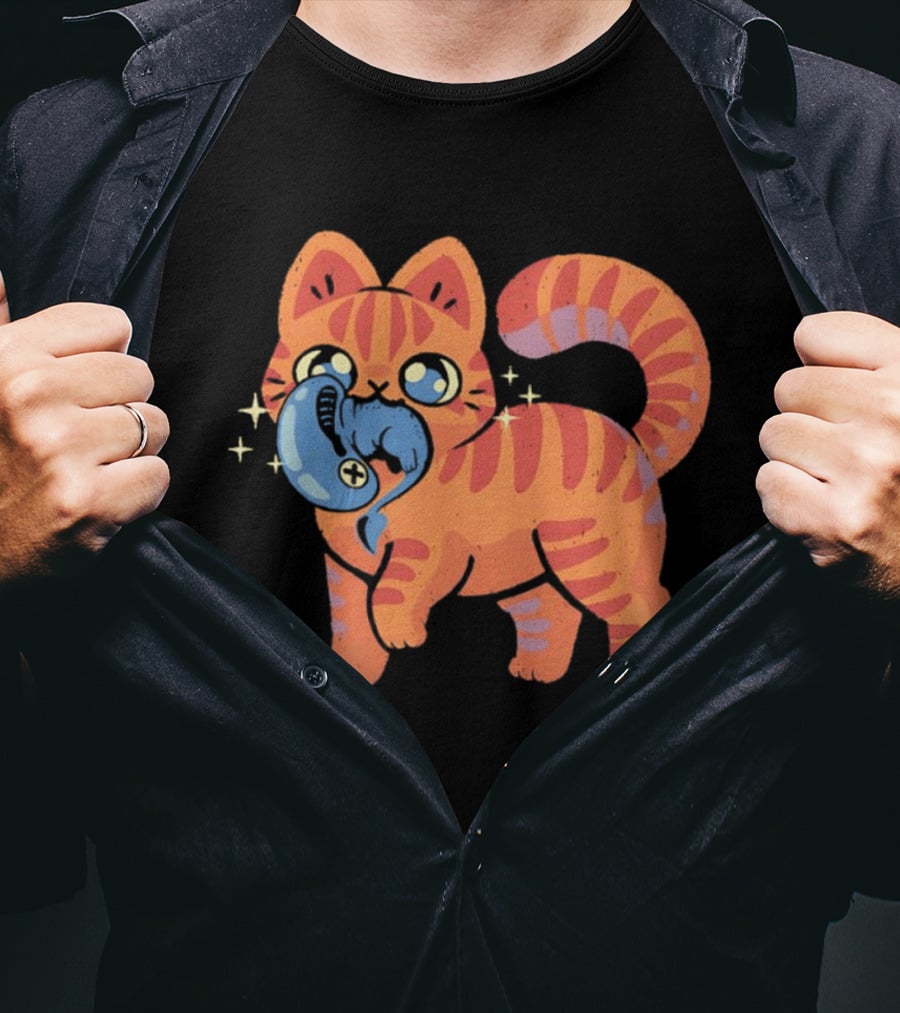 Orange Tabby Cat With Sparkles And Blue Alien Creature T-Shirt