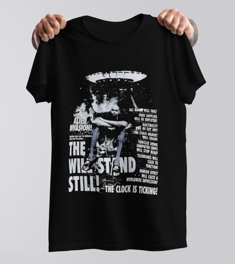 LeBron James The End Will Stand Still Is Ticking UFO Alien Invasion Los Angeles Lakers Worldwide Depression T-Shirt