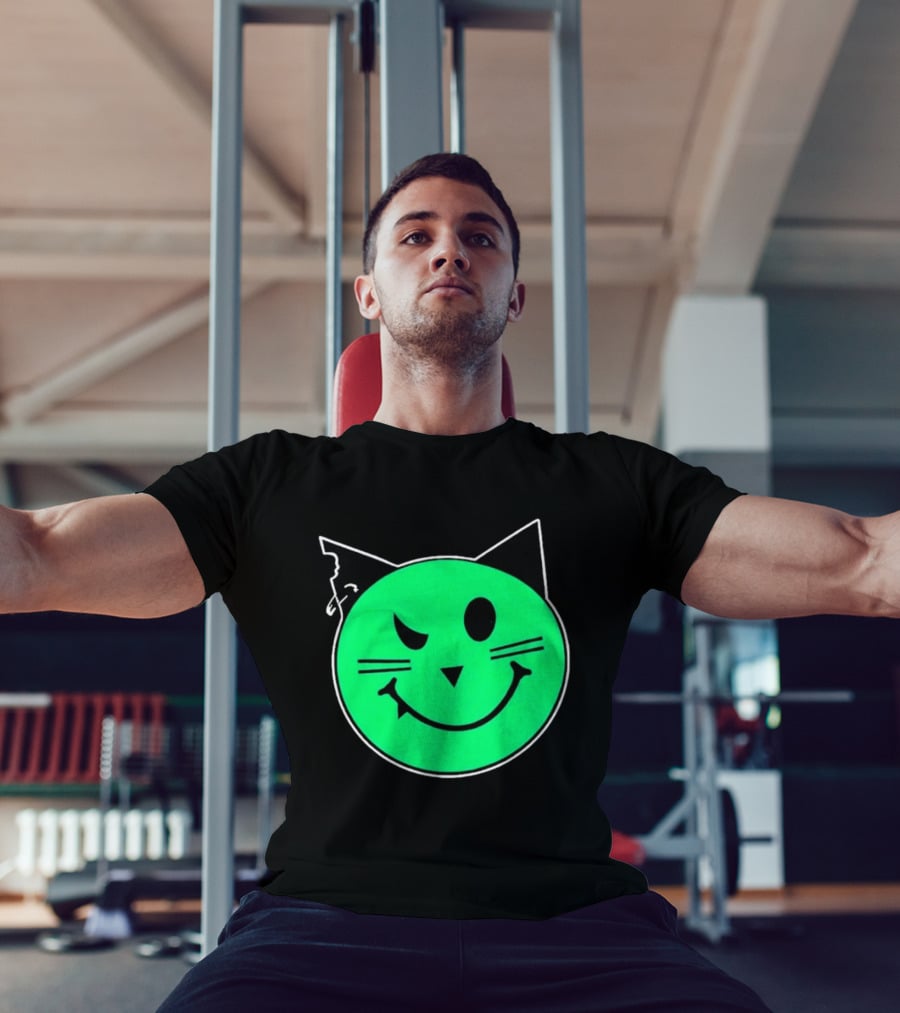 Taliesin Wearing MeowMeowz Smiling Cat Face With Green Circle Black Ears Whiskers T-Shirt