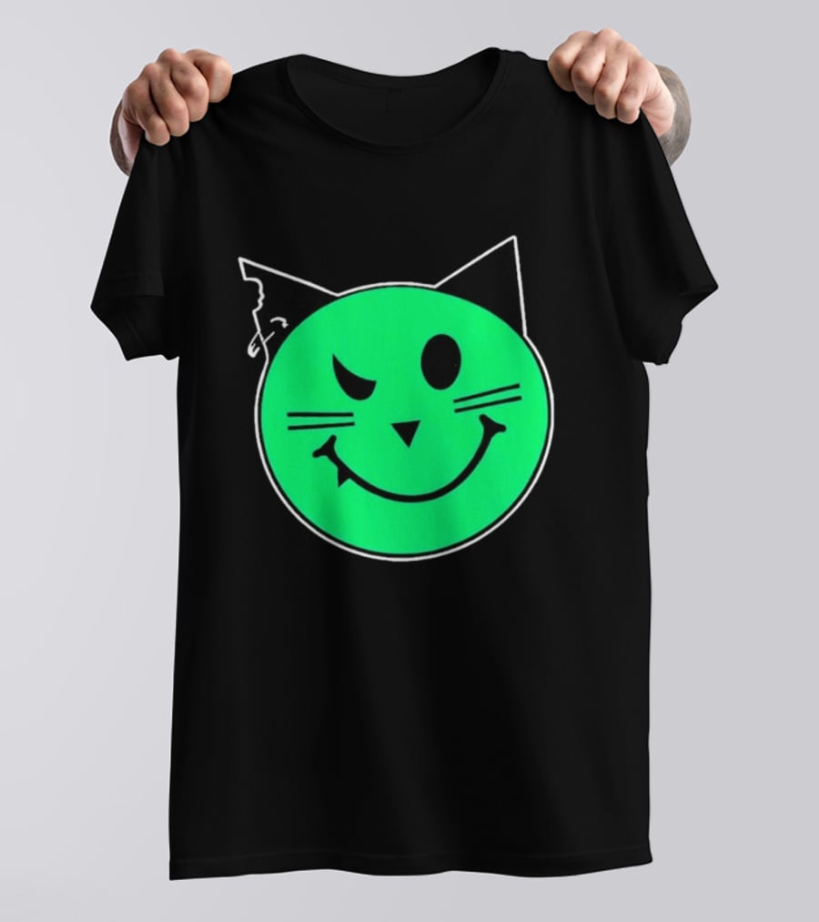 Taliesin Wearing MeowMeowz Smiling Cat Face With Green Circle Black Ears Whiskers T-Shirt