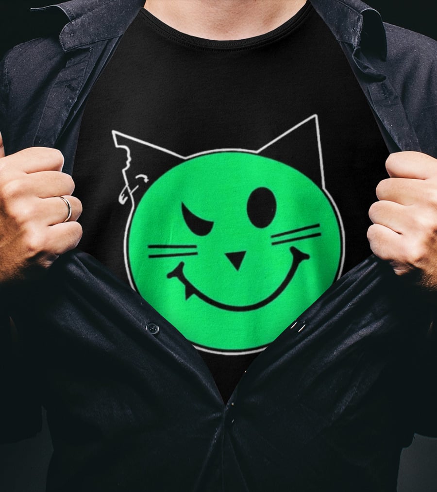 Taliesin Wearing MeowMeowz Smiling Cat Face With Green Circle Black Ears Whiskers T-Shirt