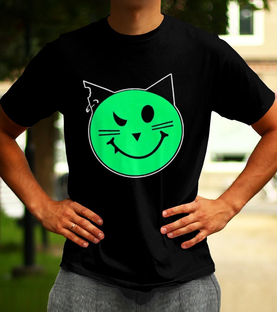 Taliesin Wearing MeowMeowz Smiling Cat Face With Green Circle Black Ears Whiskers T-Shirt