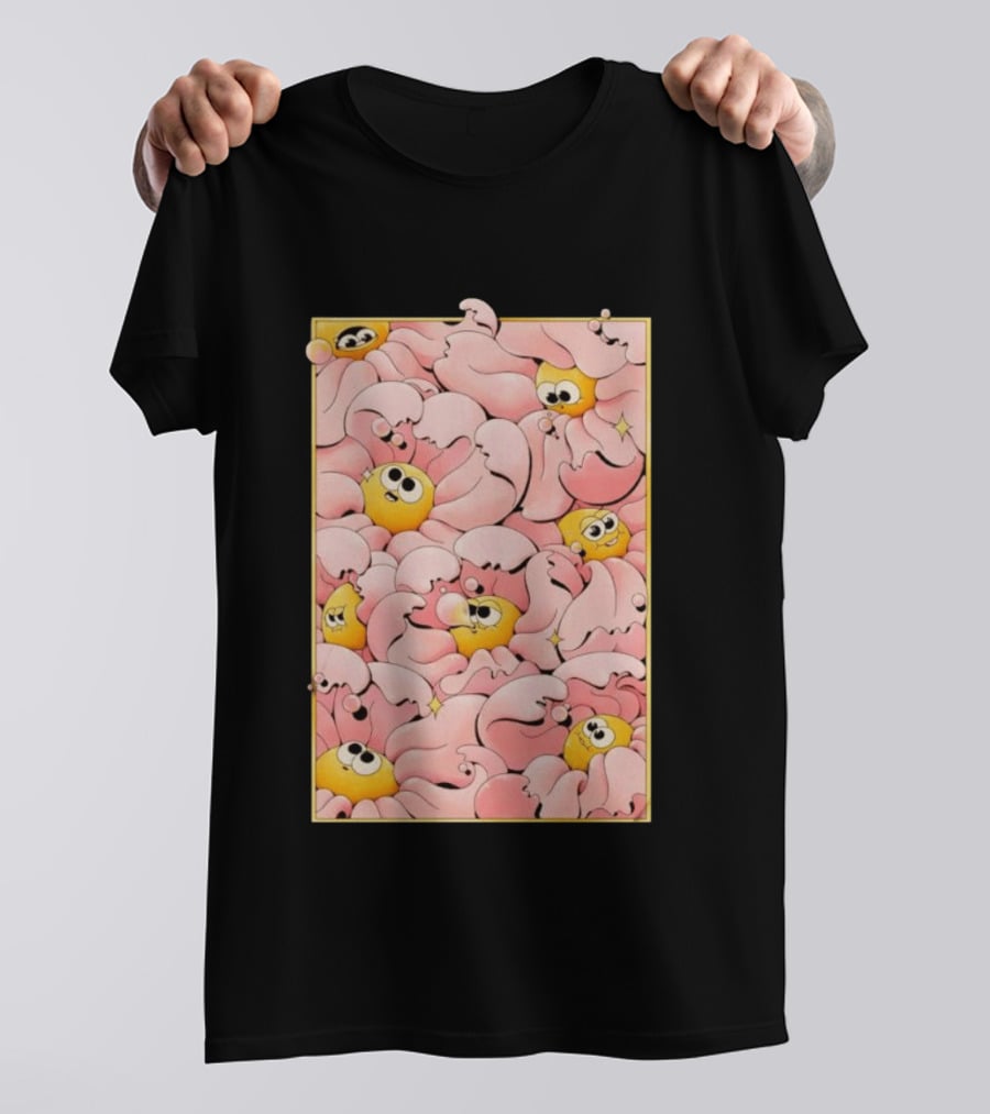 Many Yellow Round Characters With Large Eyes In Pink Flowing Cascades T-Shirt