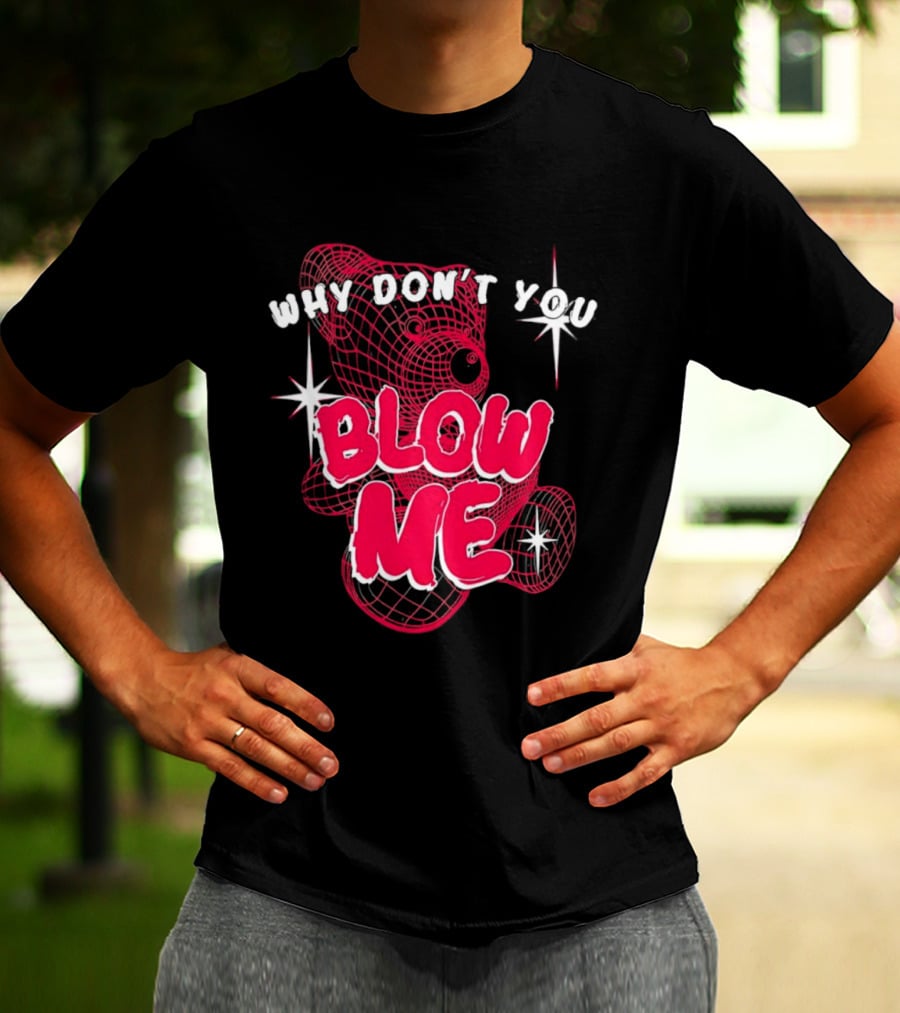 Why Don't You Blow Me Pink Wireframe Teddy Bear Bold Red Text Sparkling Star Accents T-Shirt