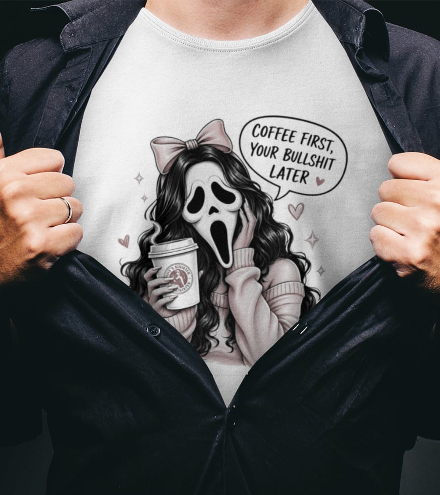 Ghostface Scream Coffee First Your Bullshit Later Horror Movie Bow Hearts T-Shirt