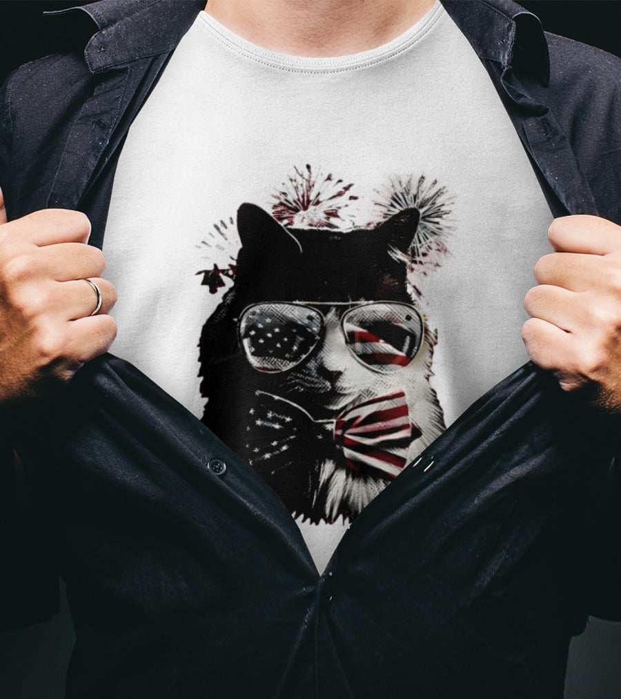 American Flag Cat Sunglasses And Bowtie Fireworks Independence Day T-Shirt