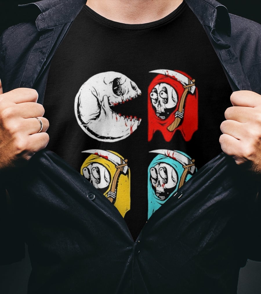 Pac Man Skeleton Skull Ghost Grim Reaper Red Yellow Blue T-Shirt