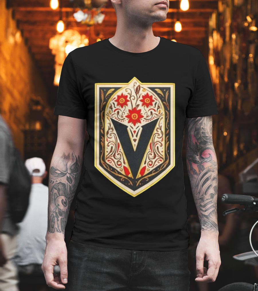 Vegas Golden Knights Dia De Los Muertos Floral Shield T-Shirt
