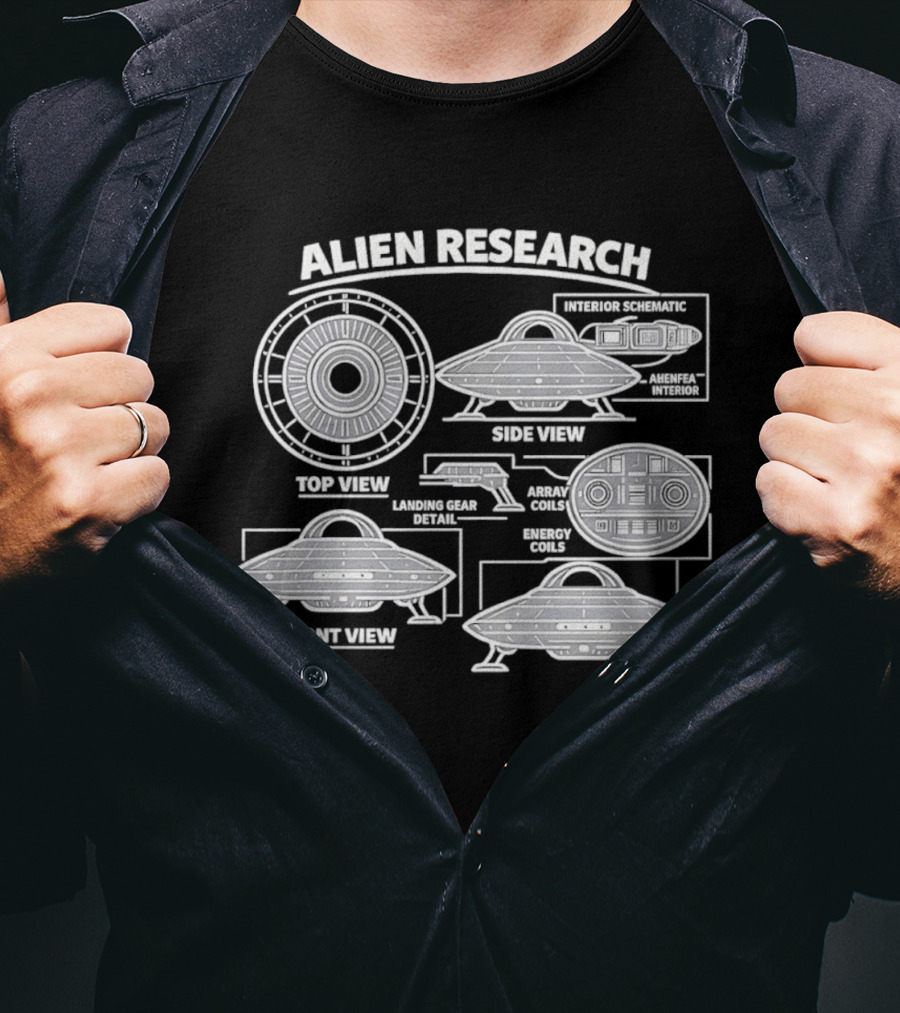 Extraterrestrial Vehicle Alien Research UFO Schematic Top View Front View Side View Analysis T-Shirt