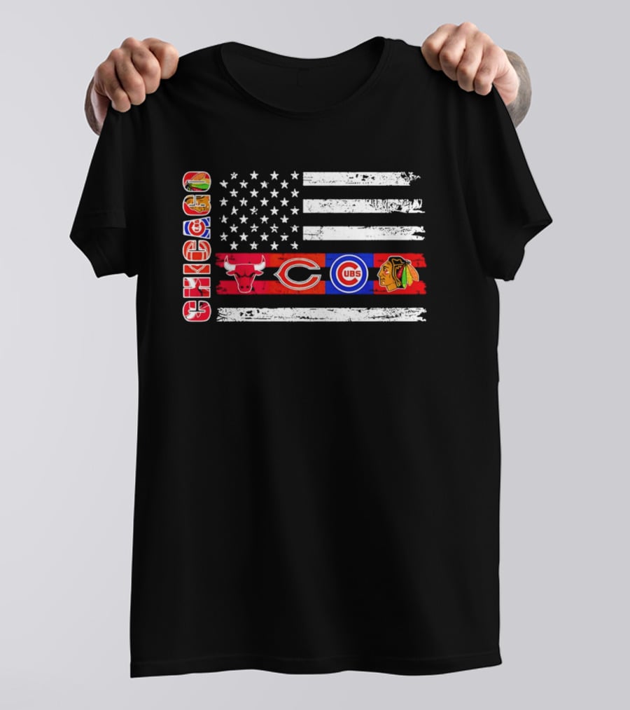 Chicago Bulls Bears Cubs Blackhawks American Flag T-Shirt