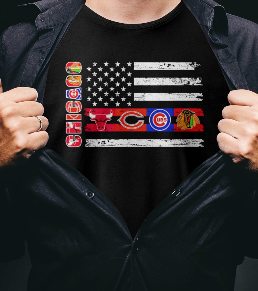 Chicago Bulls Bears Cubs Blackhawks American Flag T-Shirt