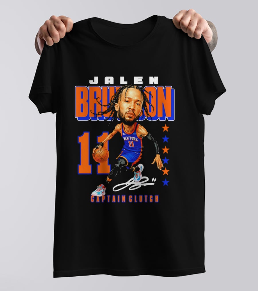 Jalen Brunson New York 11 Captain Clutch Caricature T-Shirt