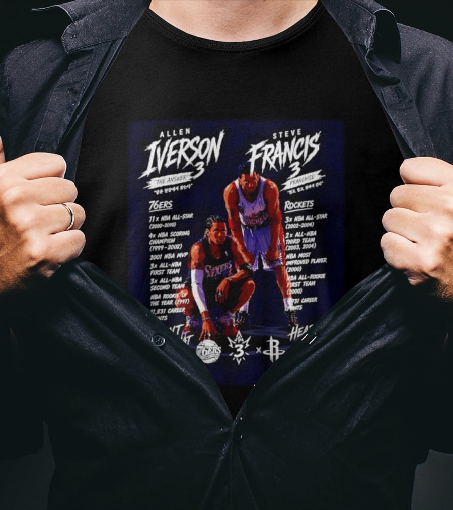 Allen Iverson Steve Francis 3 NBA 76ers Rockets All Star Fearless Heart Over Height T-Shirt