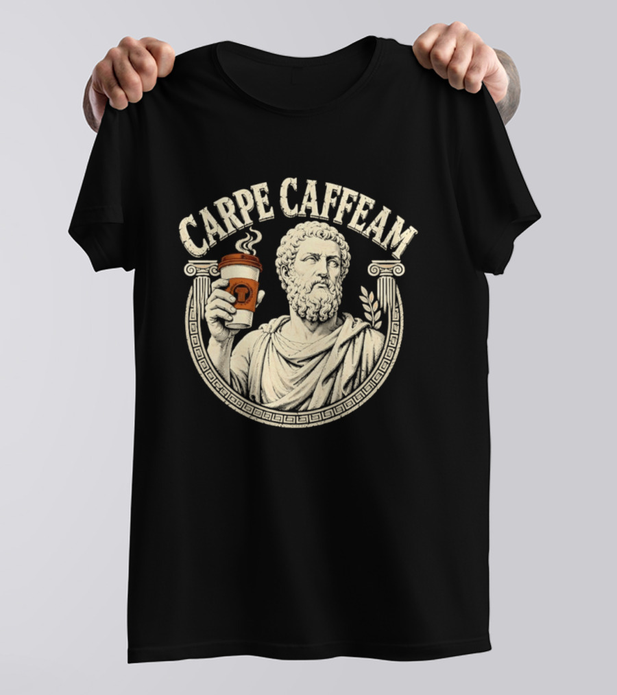 Carpe Caffeam Ancient Philosopher Coffee Cup Greek Column Statue T-Shirt