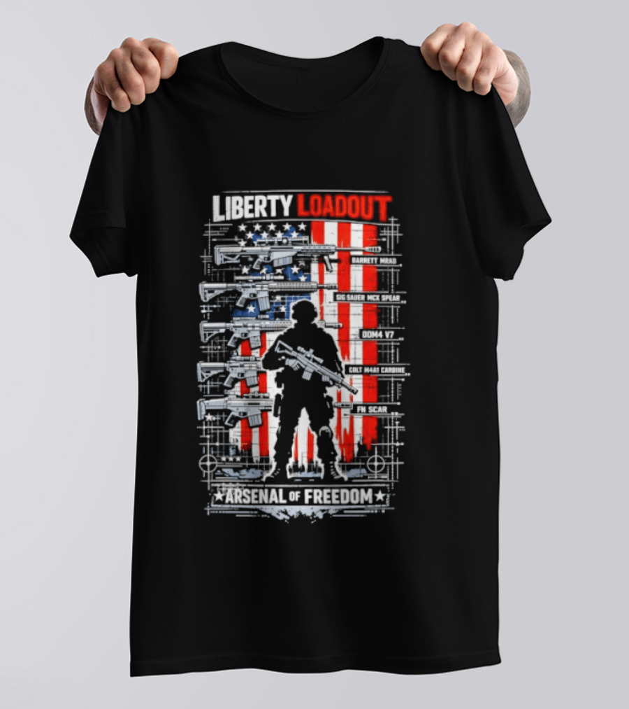 Liberty Loadout Arsenal Of Freedom USA Flag Soldier T-Shirt