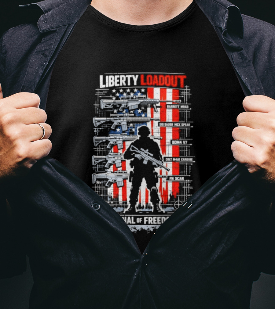 Liberty Loadout Arsenal Of Freedom USA Flag Soldier T-Shirt