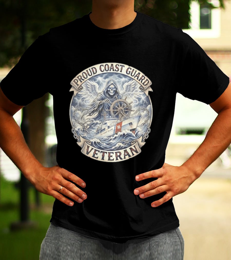Proud Coast Guard Veteran Grim Reaper With Ship And Wheel T-Shirt