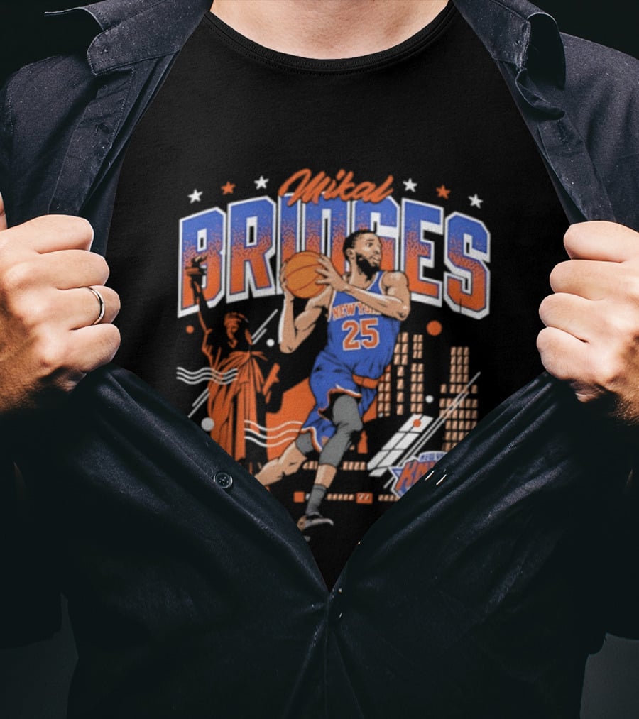 Mikal Bridges New York Knicks Basketball Skyline Statue Of Liberty T-Shirt