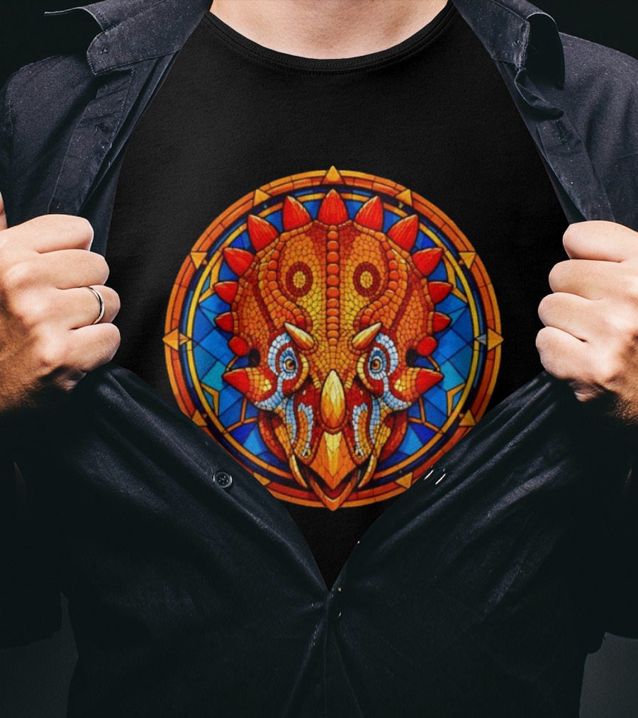 Triceratops Dinosaur Head Stained Glass Circle T-Shirt
