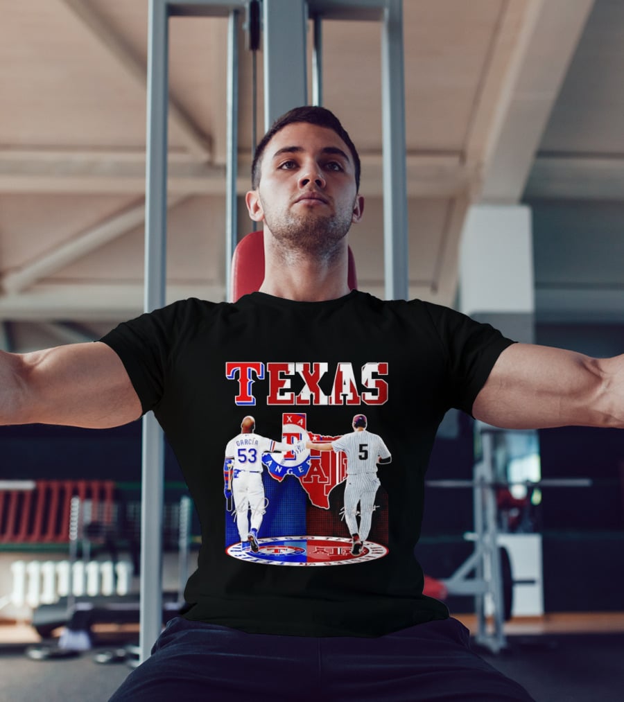 Texas Rangers Adolis Garcia And Texas A&M Aggies Hunter Schott Split Map T-Shirt