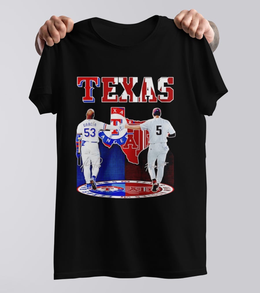 Texas Rangers Adolis Garcia And Texas A&M Aggies Hunter Schott Split Map T-Shirt