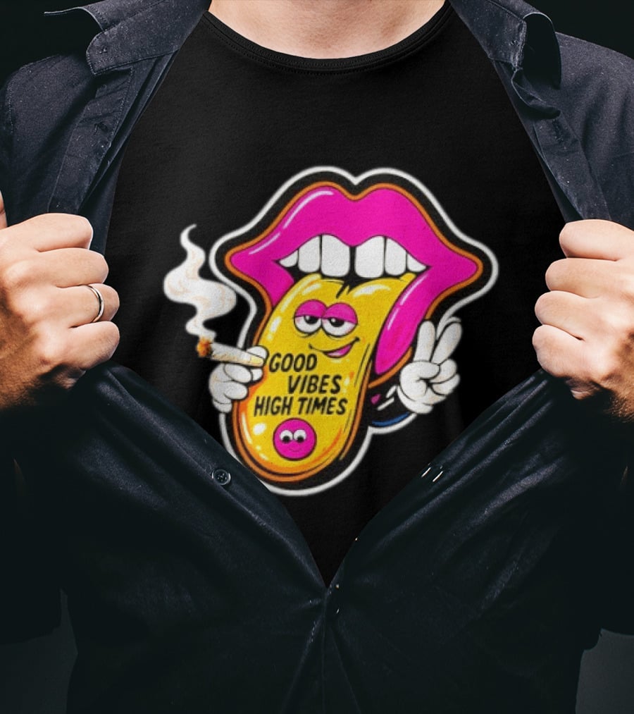Good Vibes High Times Smoking Tongue And Peace Sign T-Shirt