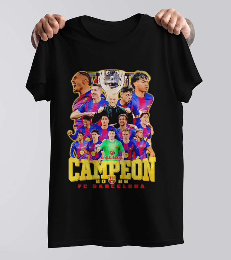 Hansi Flick Robert Lewandowski Lamine Yamal Pedri Raphinha FC Barcelona LaLiga Campeón 2026 T-Shirt