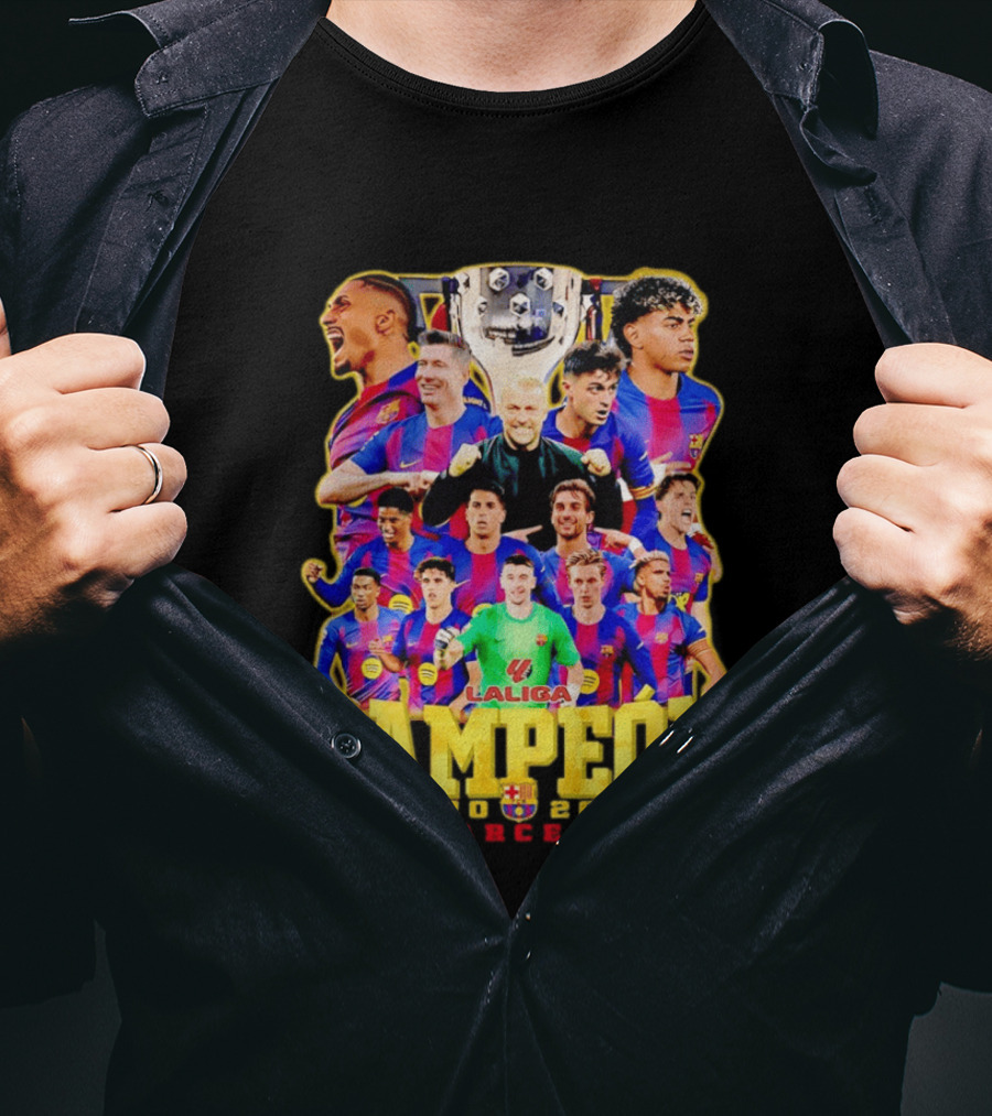 Hansi Flick Robert Lewandowski Lamine Yamal Pedri Raphinha FC Barcelona LaLiga Campeón 2026 T-Shirt