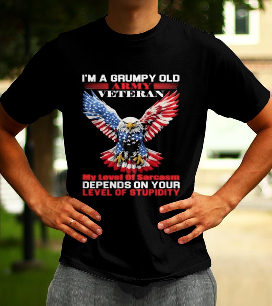 Grumpy Old Army Veteran Sarcasm Depends On Your Stupidity Patriotic Eagle T-Shirt