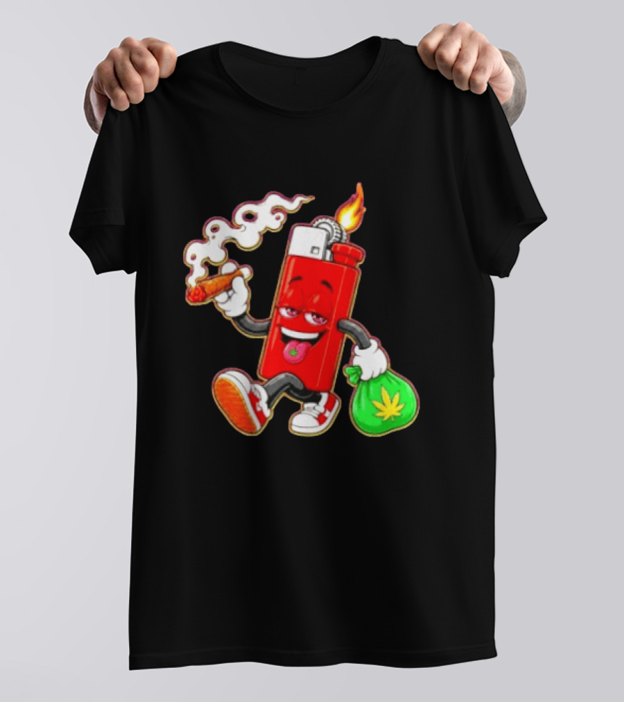 Flame Lighter And Smoking Joint With Cannabis Bag Cartoon T-Shirt