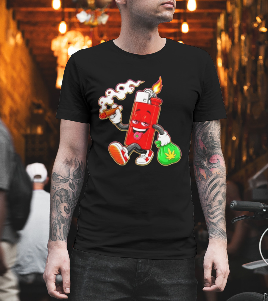 Flame Lighter And Smoking Joint With Cannabis Bag Cartoon T-Shirt