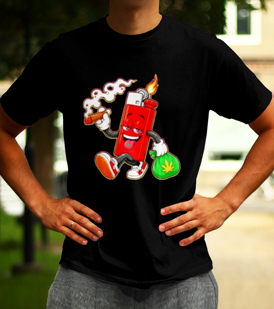 Flame Lighter And Smoking Joint With Cannabis Bag Cartoon T-Shirt