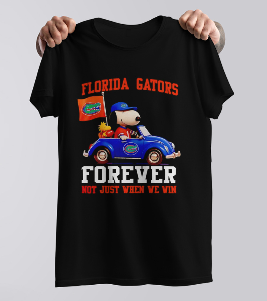 Peanuts Snoopy Woodstock In Blue Car Florida Gators Forever Not Just When We Win T-Shirt