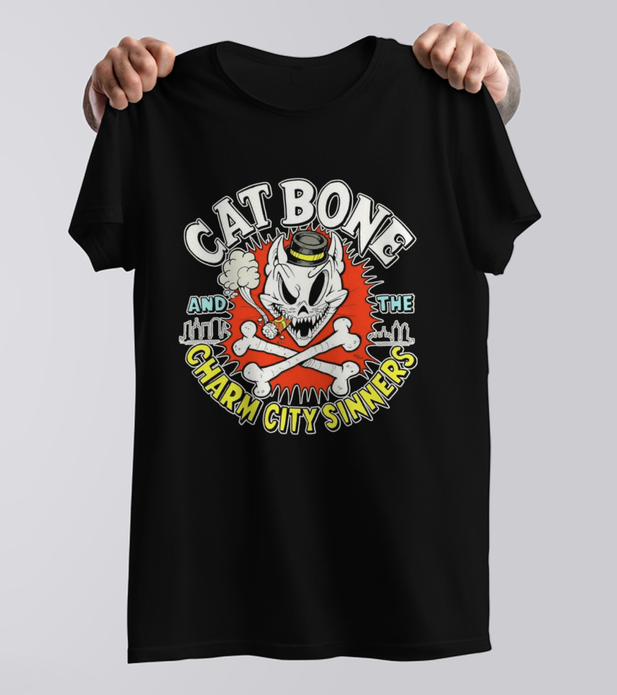 Cat Bone And The Charm City Sinners Smoking Skull And Crossbones Top Hat T-Shirt