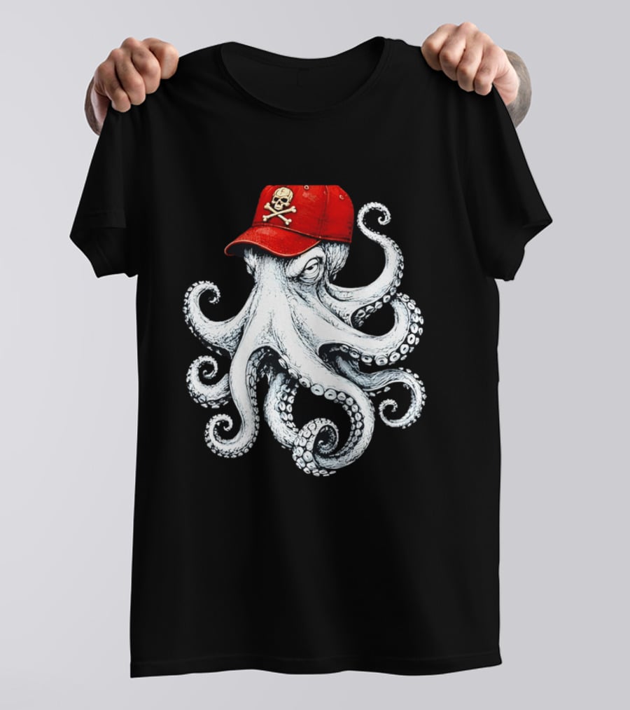 Octopus In Red Cap With Skull And Crossbones T-Shirt