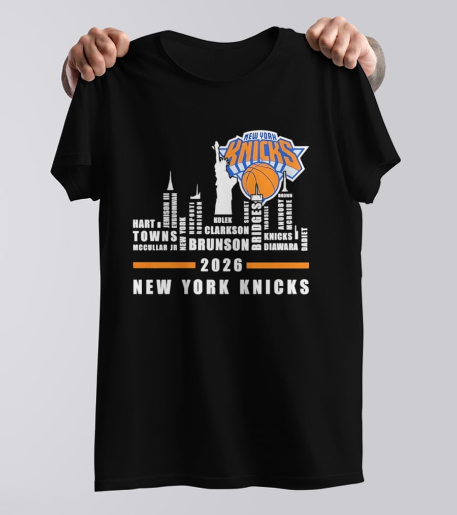 New York Knicks 2026 Jalen Brunson Mikal Bridges NBA Manhattan Skyline T-Shirt
