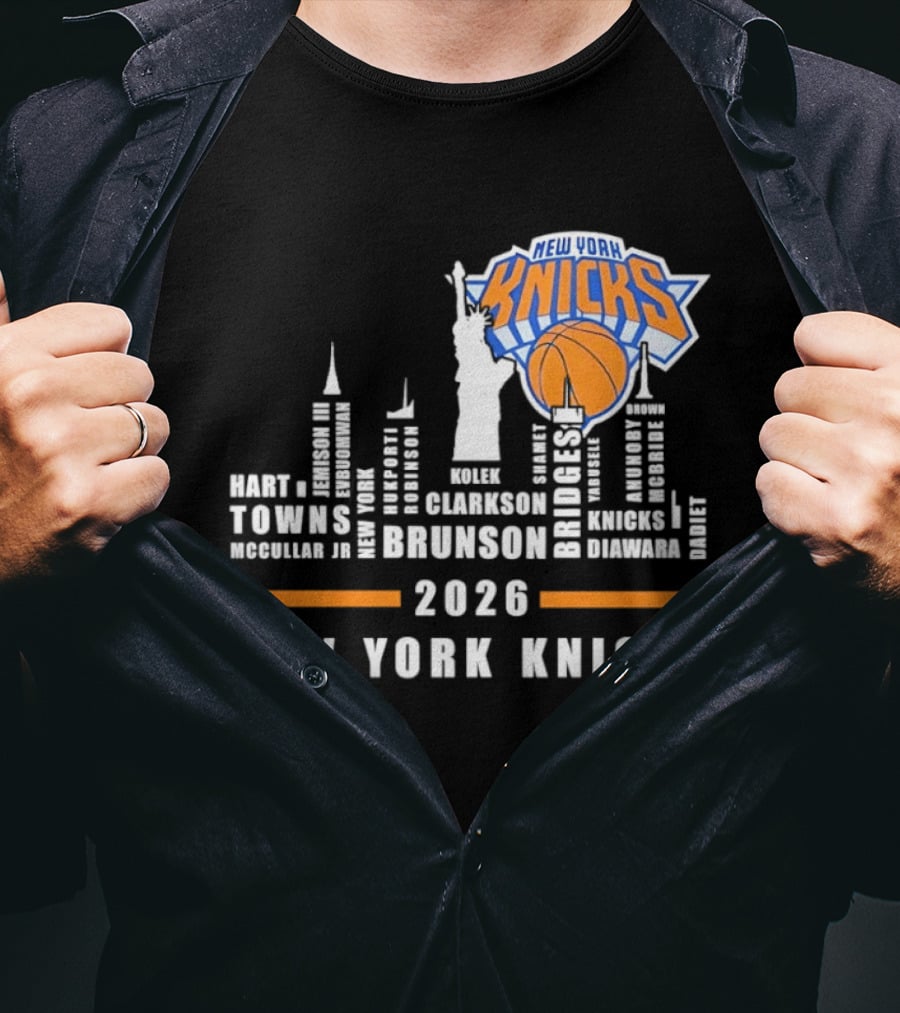 New York Knicks 2026 Jalen Brunson Mikal Bridges NBA Manhattan Skyline T-Shirt