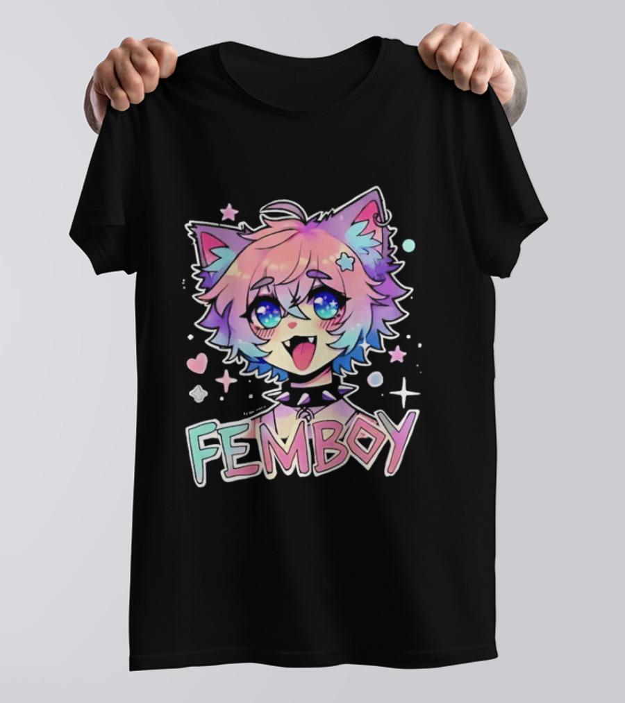 Femboy Catboy Nekomimi Anime Kawaii Pastel Sparkling Spiked Collar T-Shirt