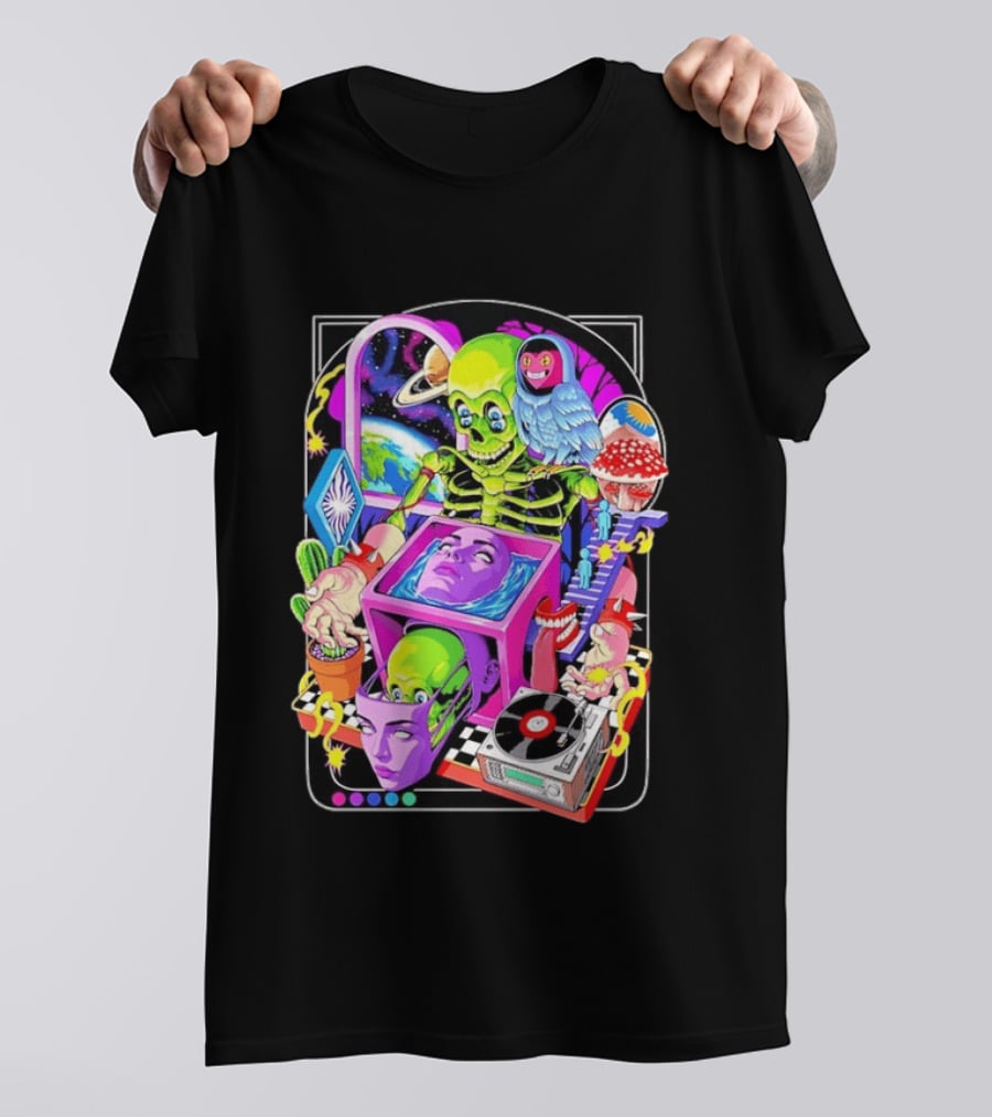 Green Skeleton Psychedelic Owl Surreal Heads Space Earth Trippy Mushrooms Record Player Adventure T-Shirt