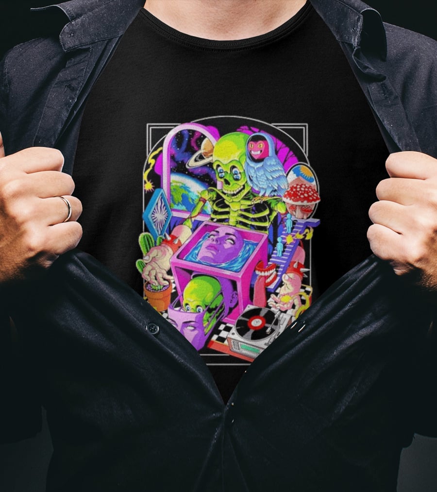 Green Skeleton Psychedelic Owl Surreal Heads Space Earth Trippy Mushrooms Record Player Adventure T-Shirt