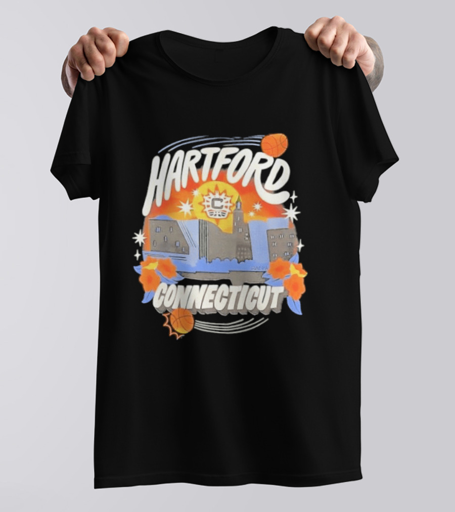 Hartford Connecticut Sun Basketball Skyline With Flowers And Basketballs T-Shirt