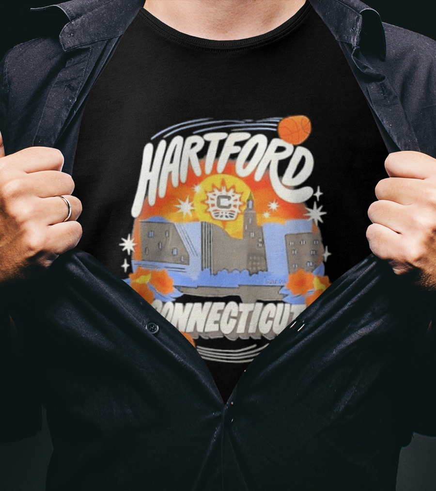 Hartford Connecticut Sun Basketball Skyline With Flowers And Basketballs T-Shirt