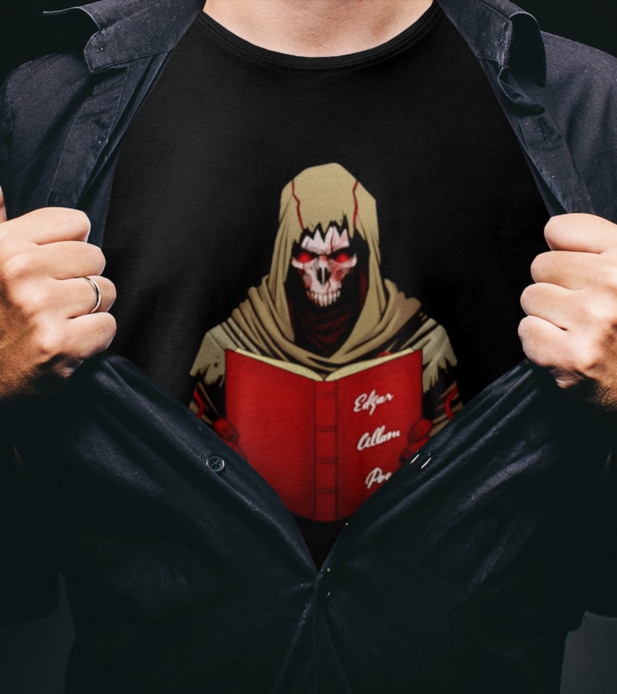Grim Reaper Hooded Skeleton With Red Eyes Holding Edgar Allan Poe Book T-Shirt