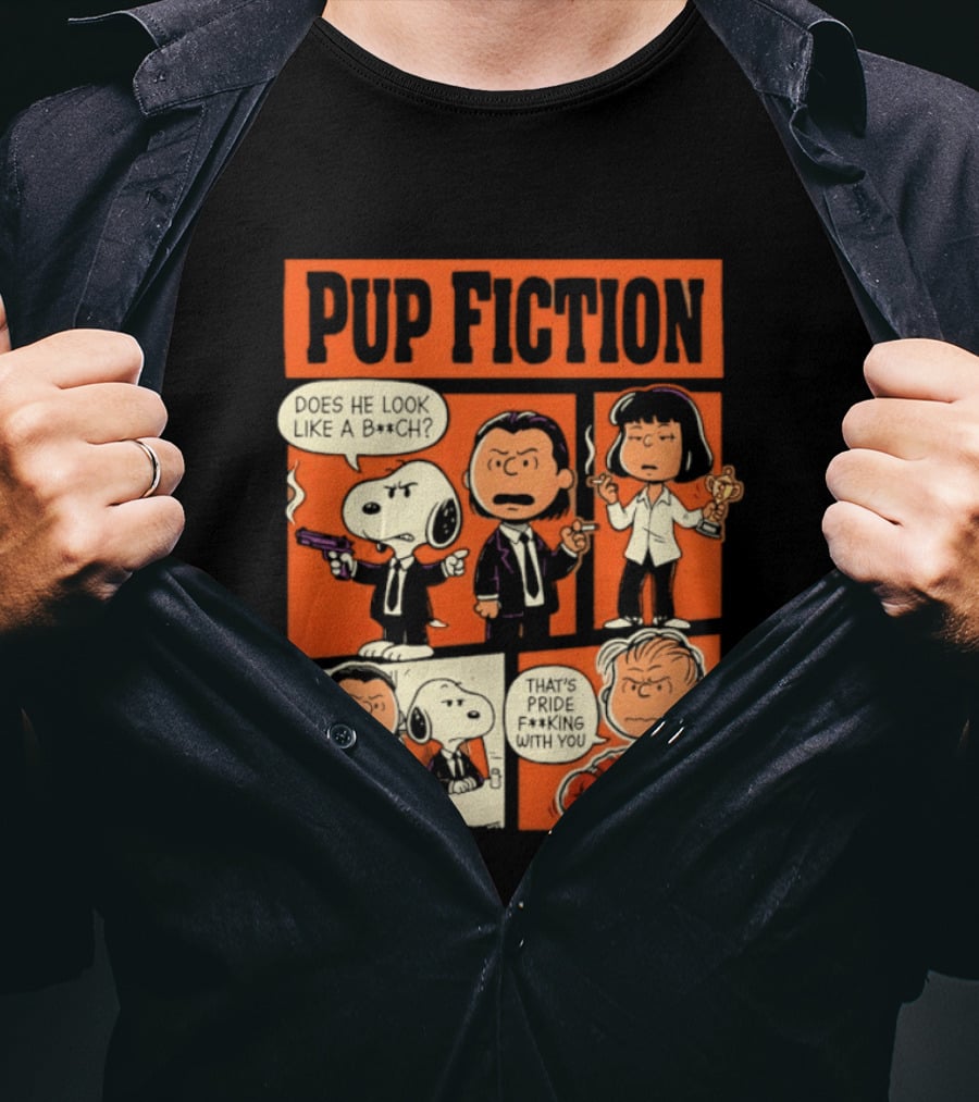 Peanuts Pup Fiction Does He Look Like A Bitch Snopy And Franklin Vincent Jules Mia T-Shirt