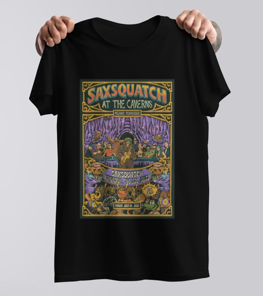 Saxsquatch At The Caverns Pelham Tennessee July 24 2026 Konundrum Two Egos Julez T-Shirt