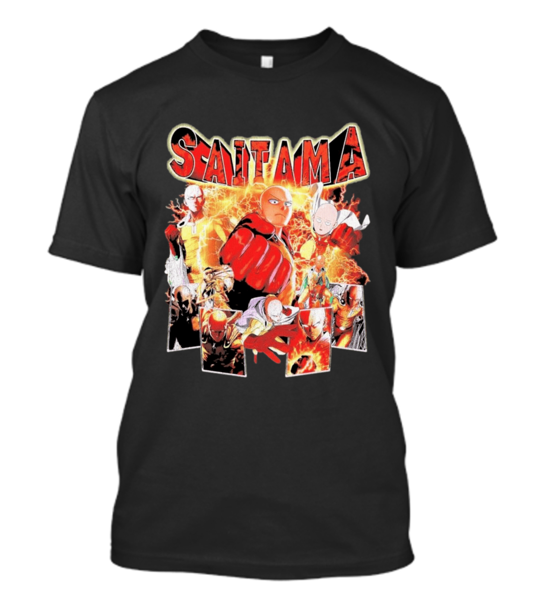 Saitama Hero Manga Character Collage With Lightning Fist T-Shirt