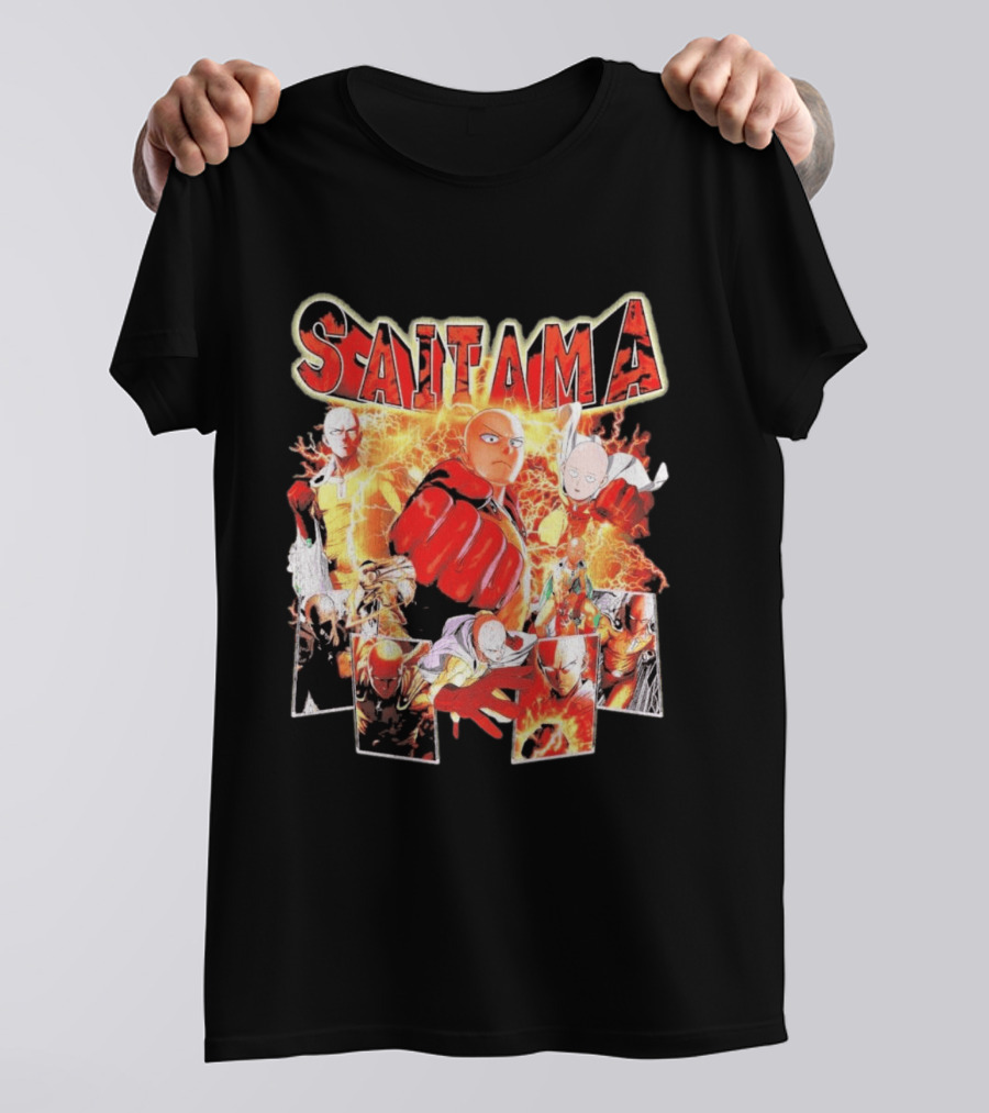 Saitama Hero Manga Character Collage With Lightning Fist T-Shirt